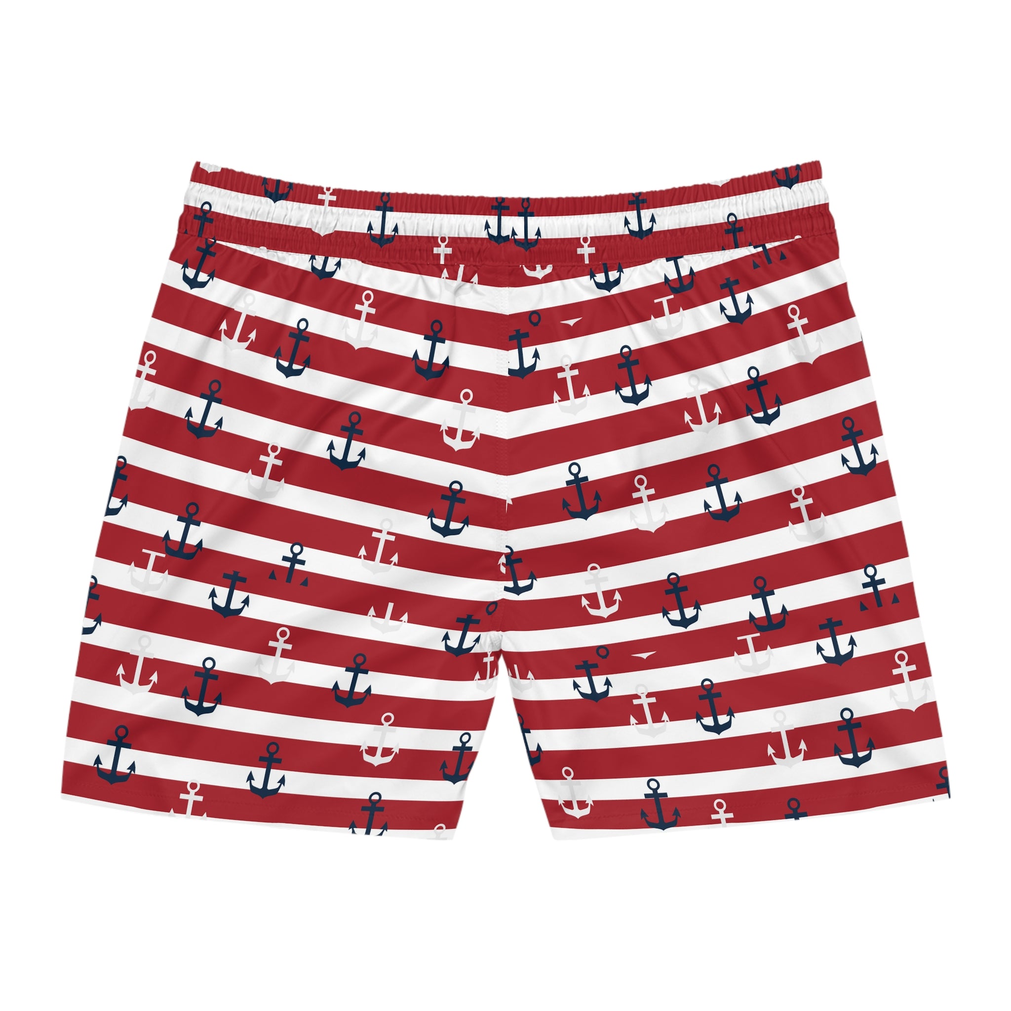 Nautical Red Striped Anchor Swim Shorts — Men’s Mid-Length Beach Trunks
