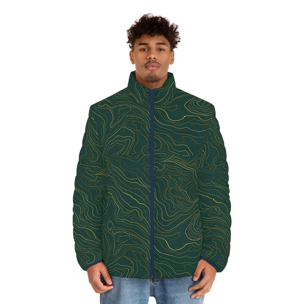 Topographic Line Pattern Puffer Jacket | Green Contour Map Design