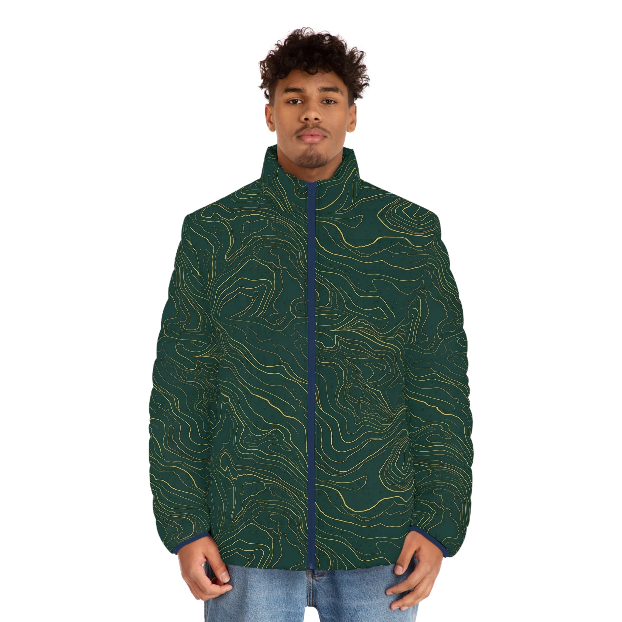 Topographic Line Pattern Puffer Jacket | Green Contour Map Design