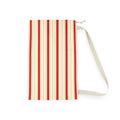 A vertical zippered pouch with a cream and red striped pattern, featuring a matching cream shoulder strap, shown on a plain white background.