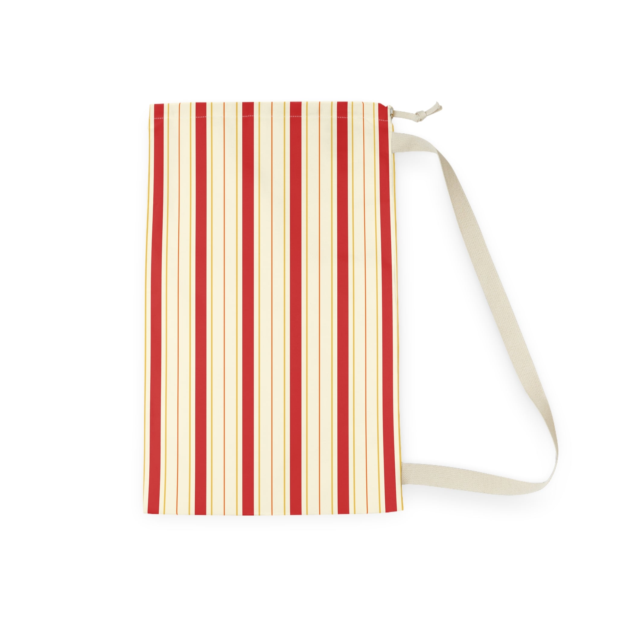 A vertical zippered pouch with a cream and red striped pattern, featuring a matching cream shoulder strap, shown on a plain white background.