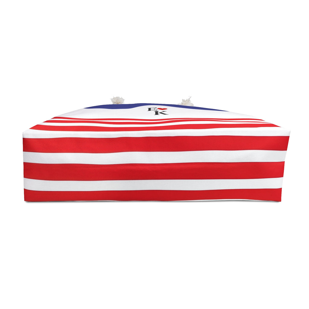 A rectangular pet bed with a bold red and white horizontal stripe pattern, featuring a blue top panel with a small black and white logo, shown on a plain white background.