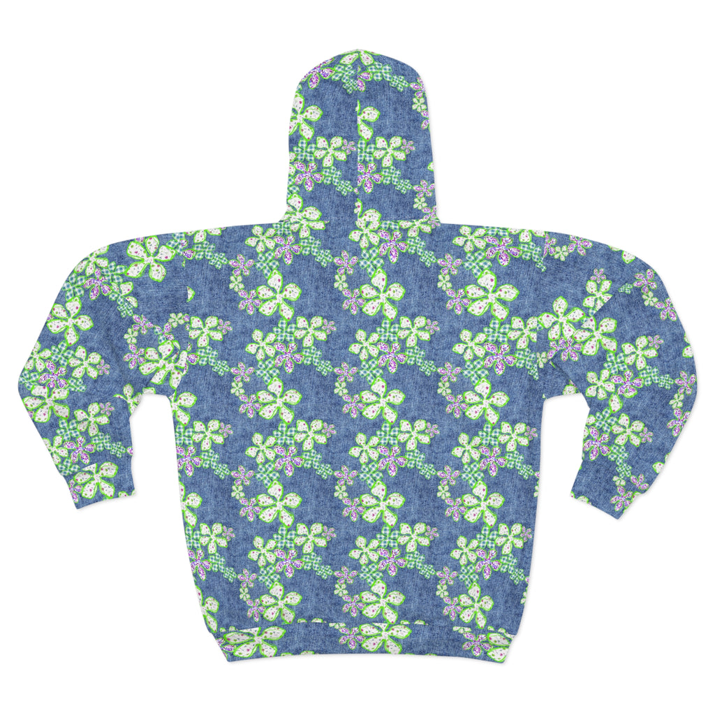 Floral Denim Zip Hoodie — Green Clover Pattern All-Over Print