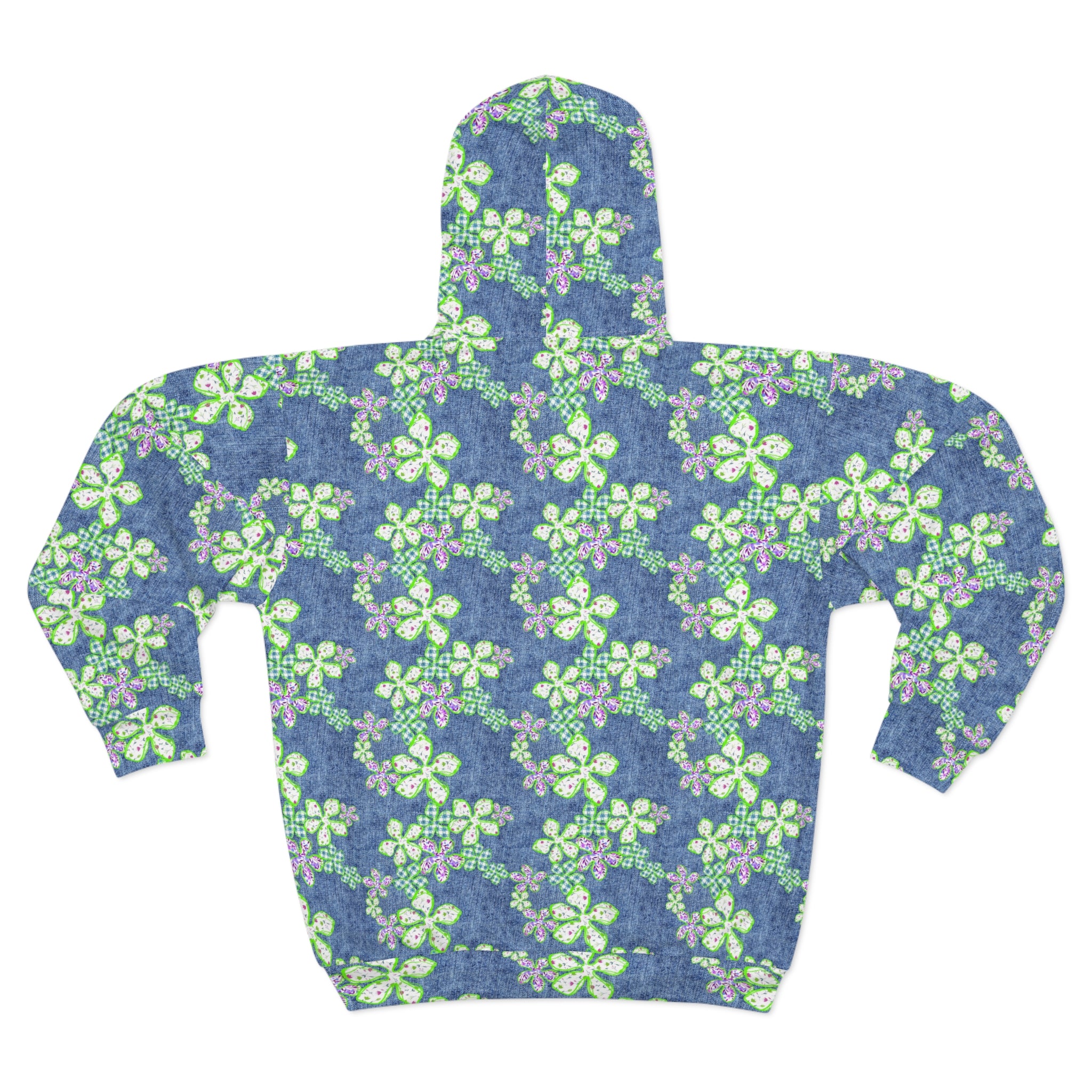 Floral Denim Zip Hoodie — Green Clover Pattern All-Over Print