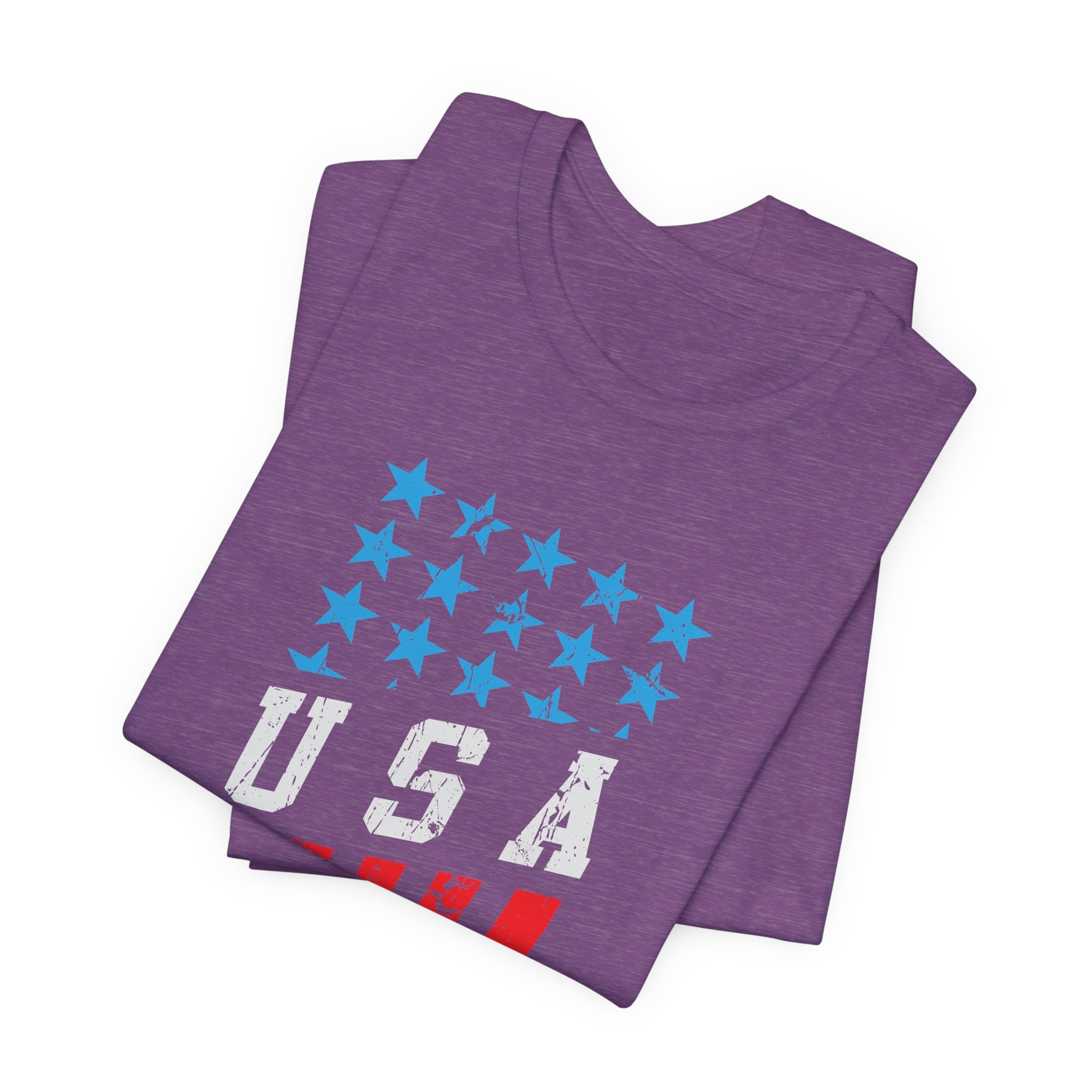 Purple t-shirt with star design and 'USA' text on a white background