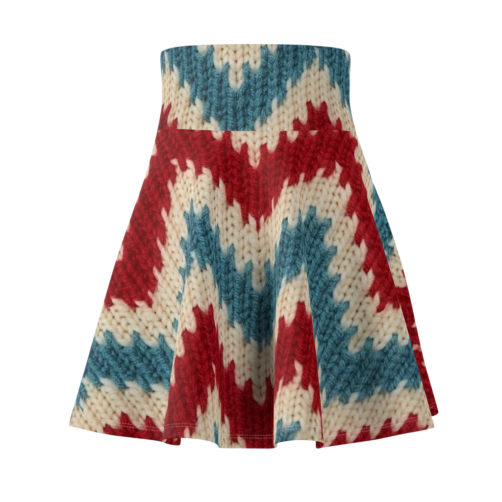 Red Blue Knit Chevron Skater Skirt | All-Over Print