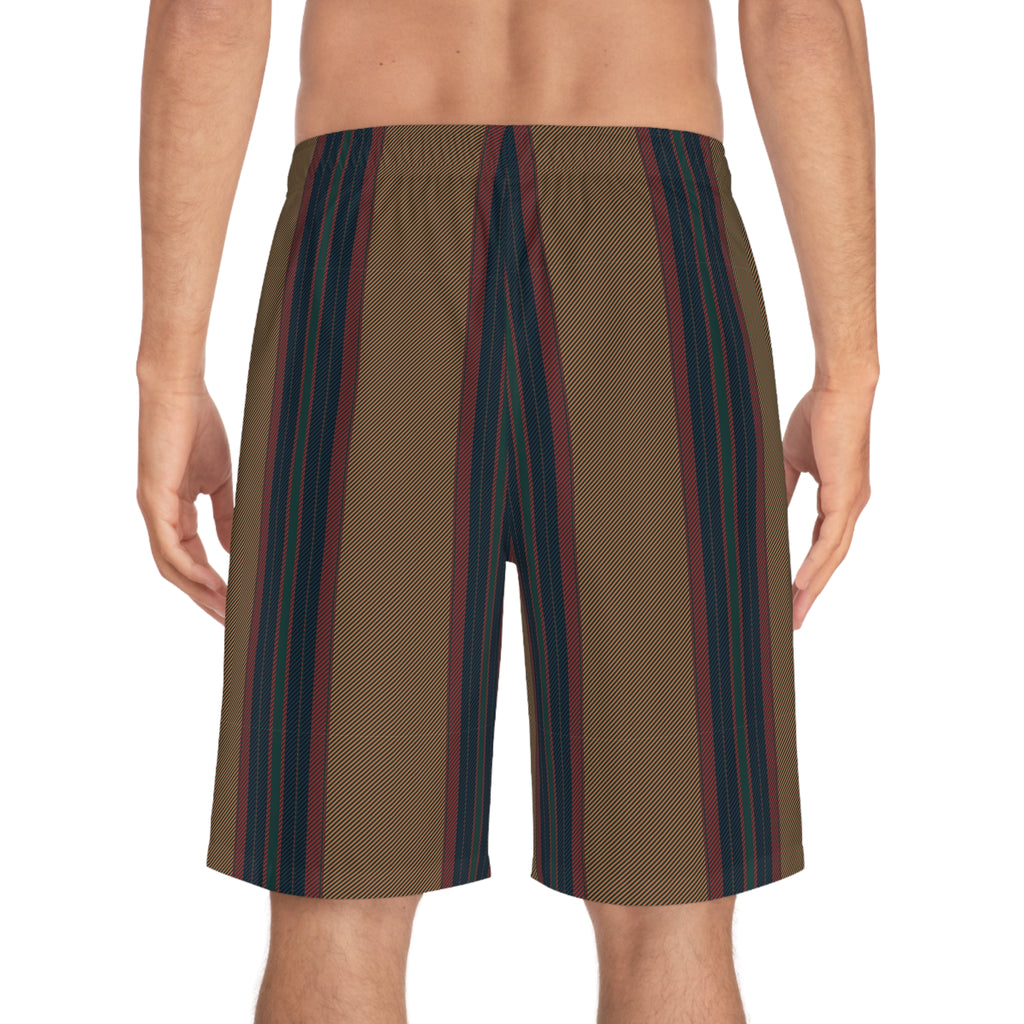 Men's Striped Board Shorts — Vintage Earthtone Vertical Stripe Swim Trunks