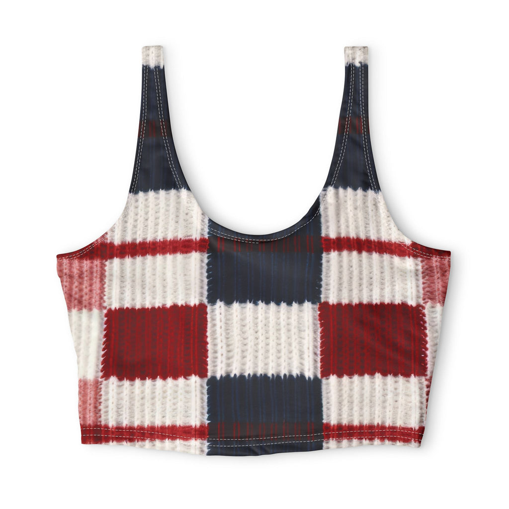 Plaid Cozy Sports Bra — Red & Navy Knit-Texture Crop Top