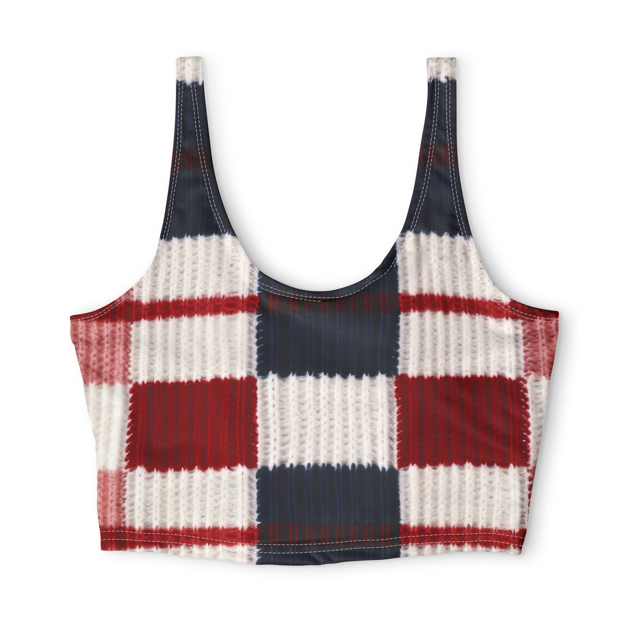 Plaid Cozy Sports Bra — Red & Navy Knit-Texture Crop Top