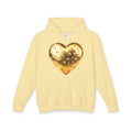 Yellow hoodie with a gold heart design on a white background
