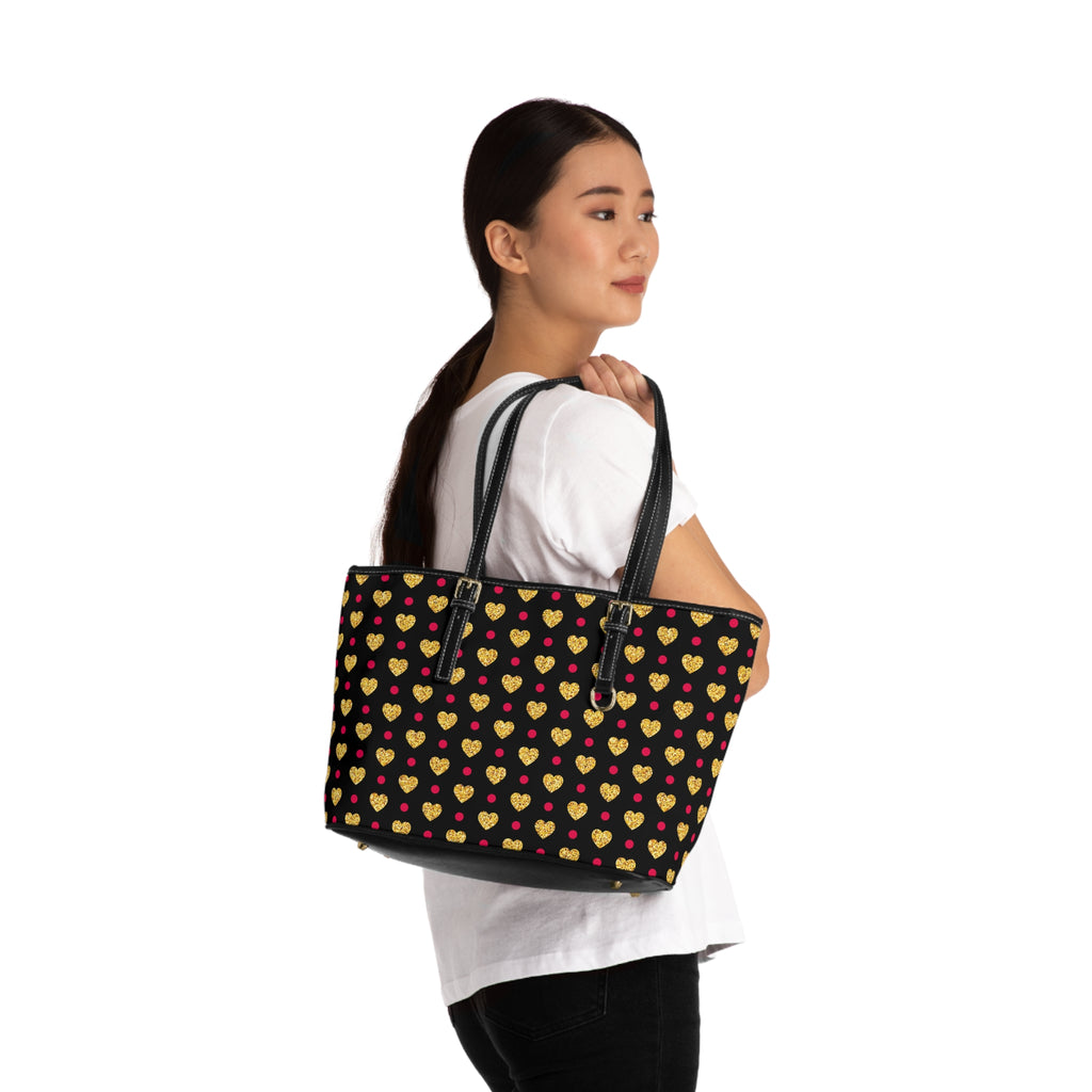 Gold Glitter Hearts Pattern PU Leather Shoulder Bag | Black Heart Print Tote