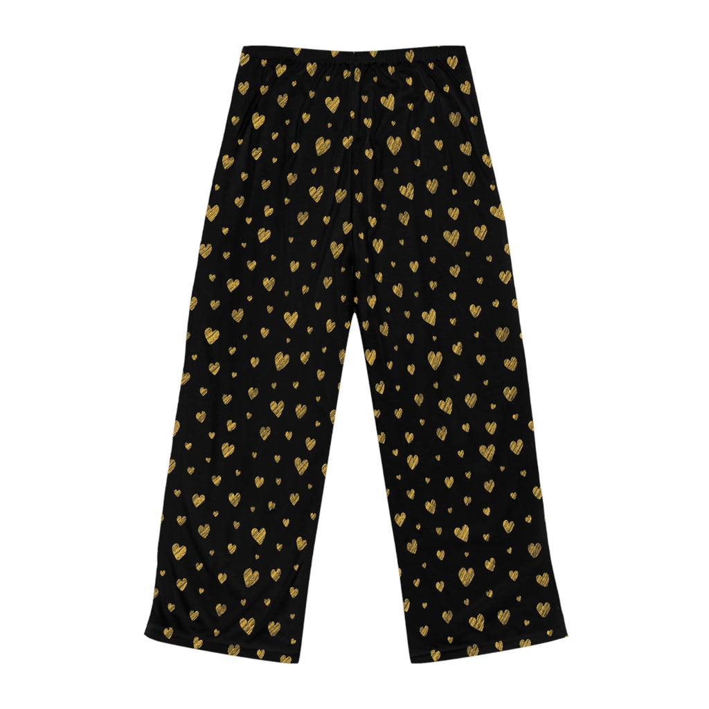 Gold Heart Pattern Pajama Pants | Black All-Over Print