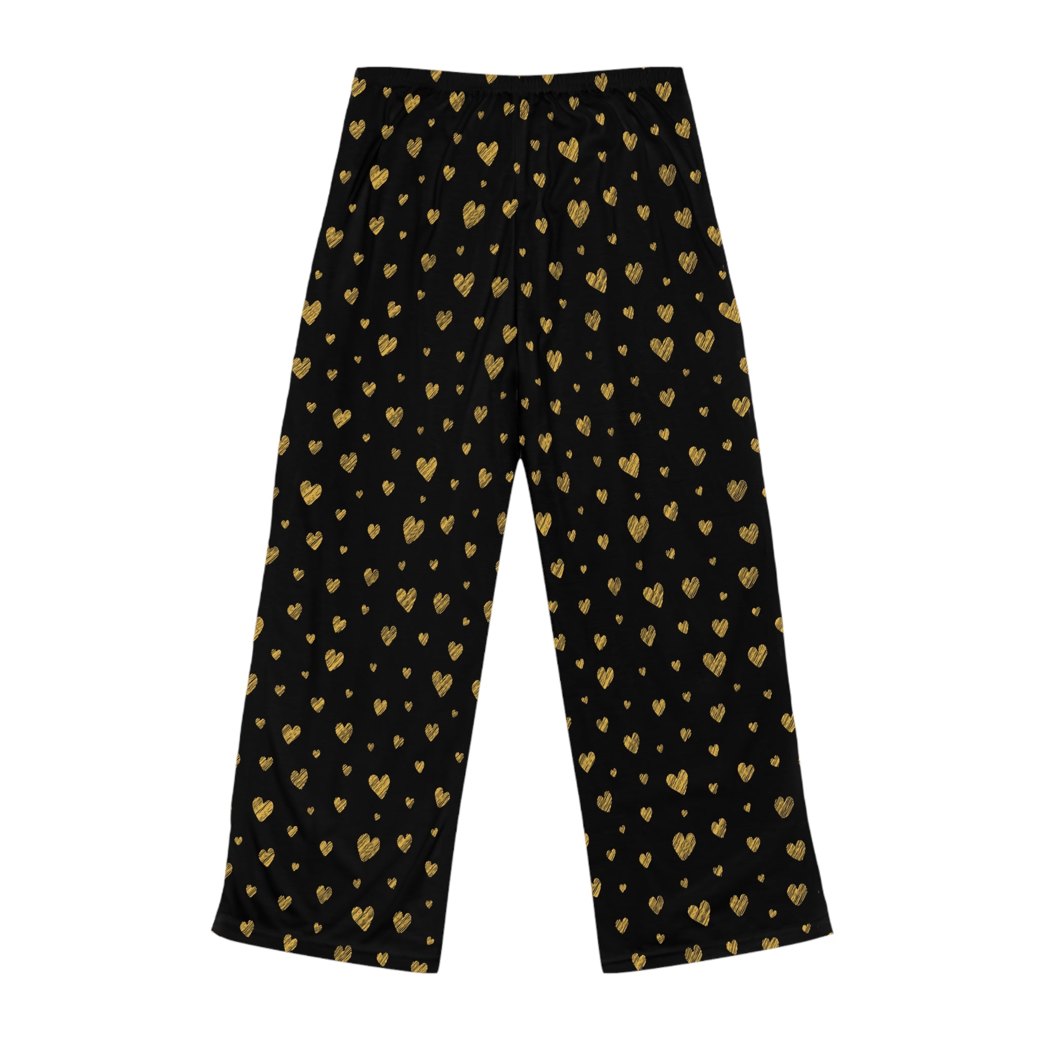 Gold Heart Pattern Pajama Pants | Black All-Over Print