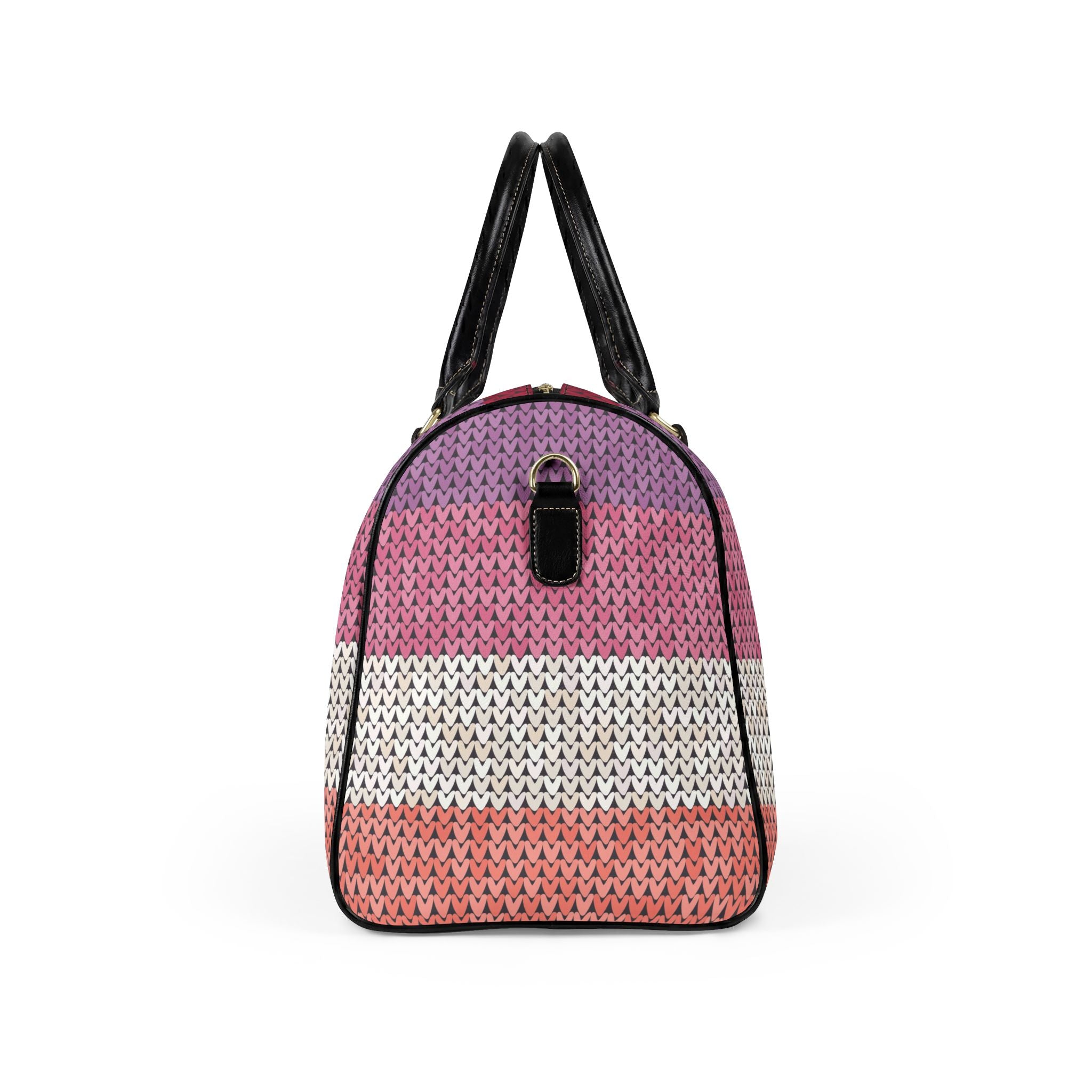 A dome-shaped handbag with a textured knit pattern featuring horizontal stripes of purple, pink, white, and coral pink, finished with black leather handles and trim.