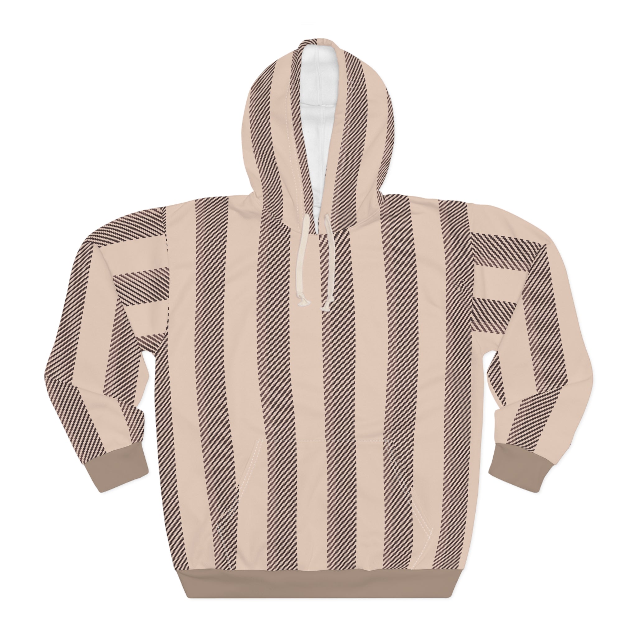 Striped Neutral Hoodie — Beige & Taupe All-Over Print Pullover