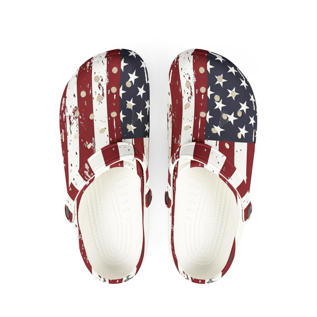 Pair of sandals with American flag design on a white background