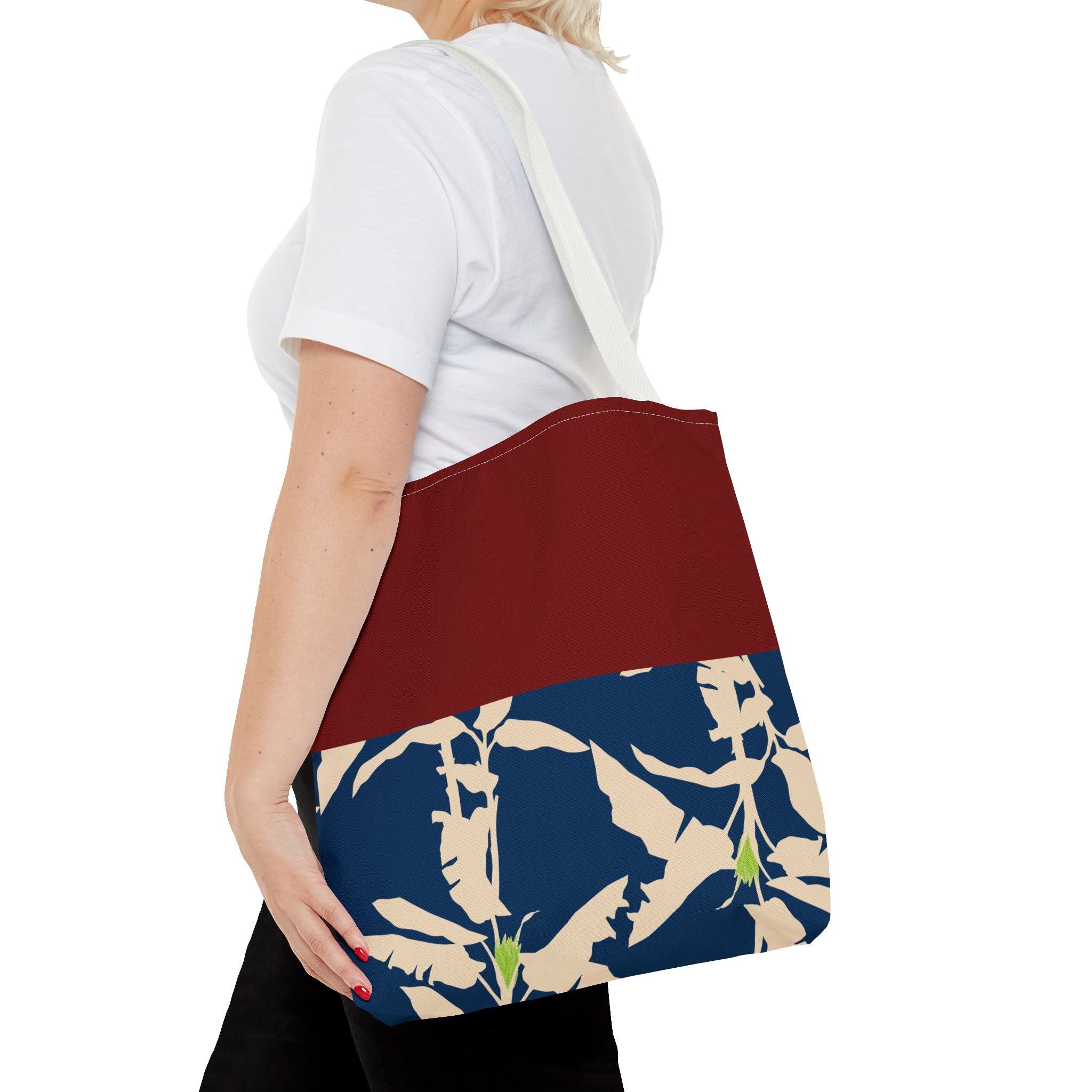 Red Navy Botanical Leaf Pattern Tote Bag
