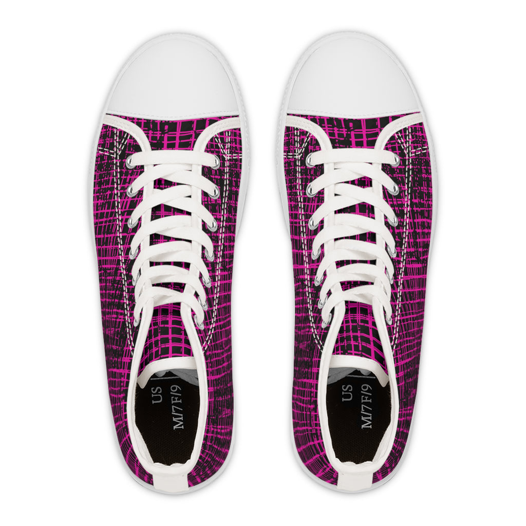 Women's High Top Sneakers — Pink Plaid Grunge Pattern