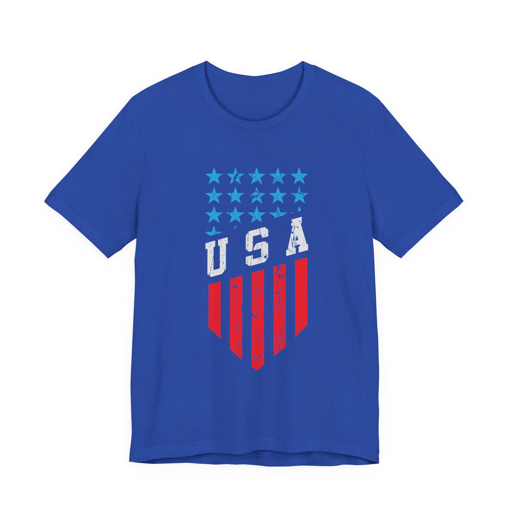 Blue t-shirt with USA flag design on a white background