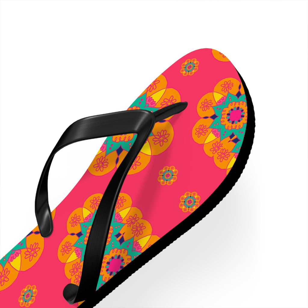 Flip-flop with a colorful pattern on a pink background