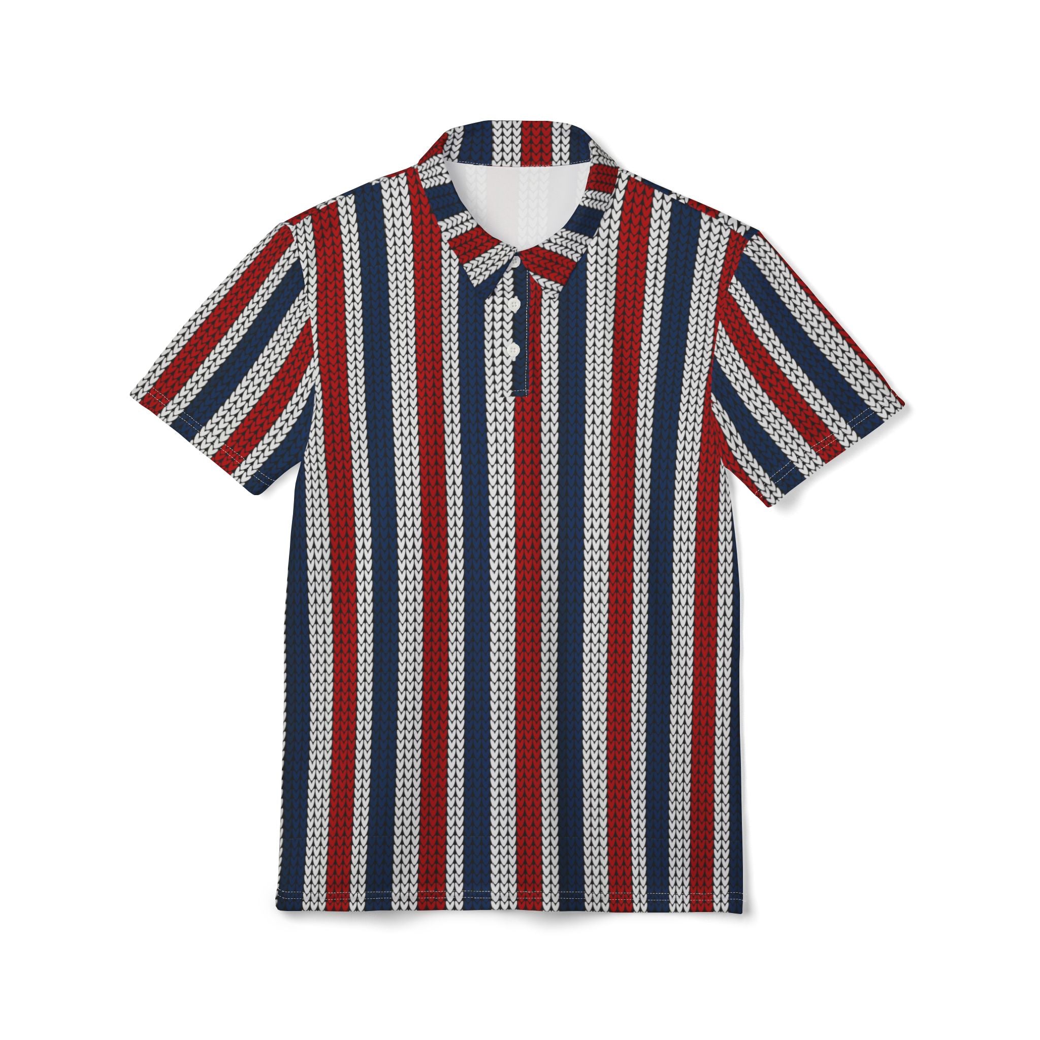 Striped Knit-Pattern Polo Shirt — Red, White & Navy Casual Polo