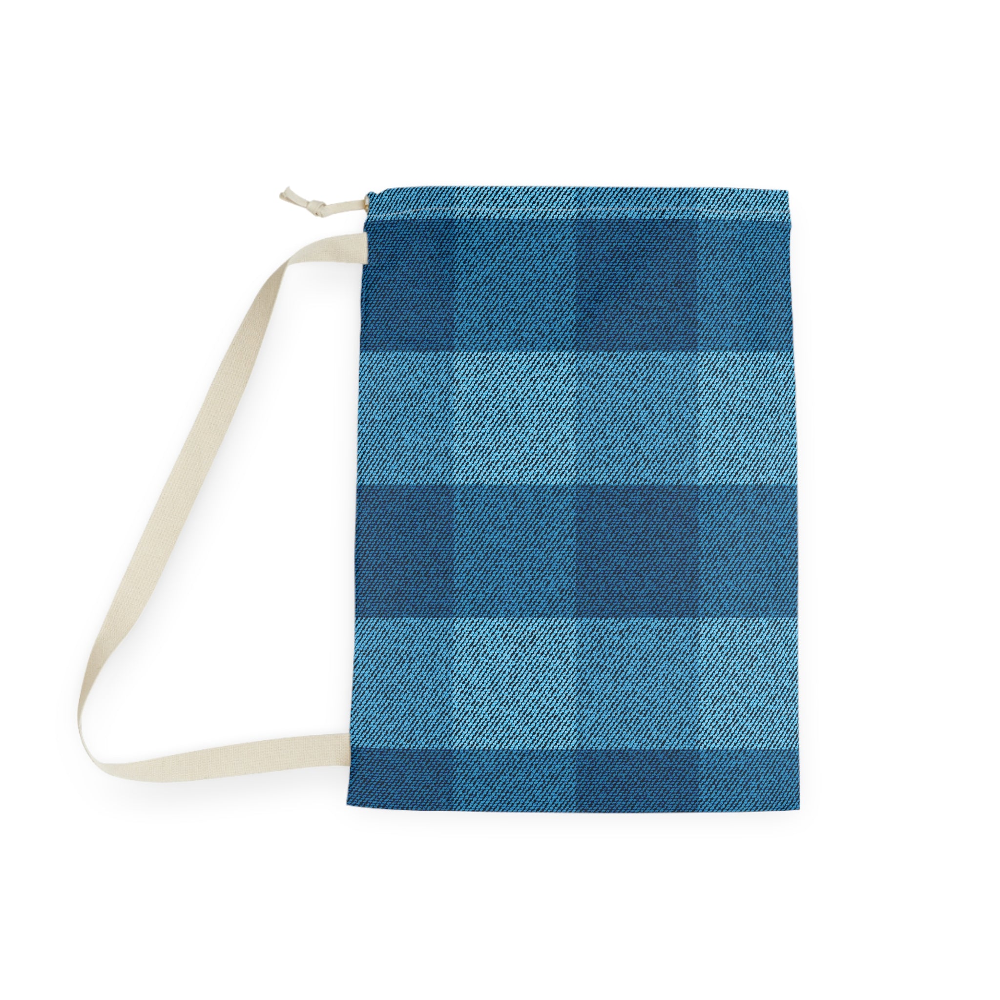 A fabric drawstring pouch with a blue plaid pattern and a cream-colored strap, shown on a plain white background.