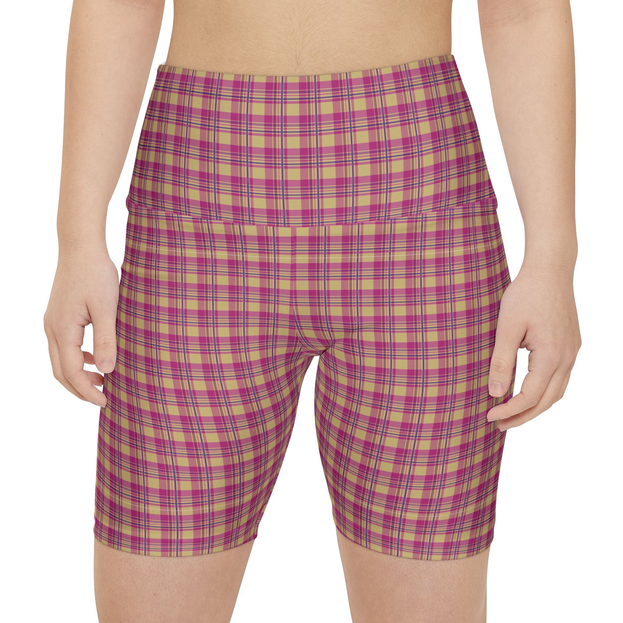 Plaid Pink Women's Workout Shorts — High-Waist Activewear