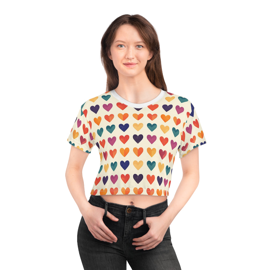 Rainbow Heart Pattern Crop Tee | Colorful Heart Print Top