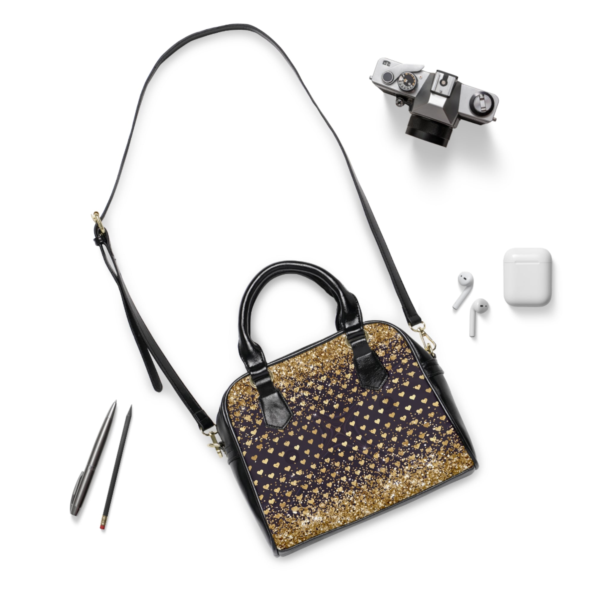 Gold Glitter Heart Pattern Shoulder Handbag | Sparkle Heart Print Purse