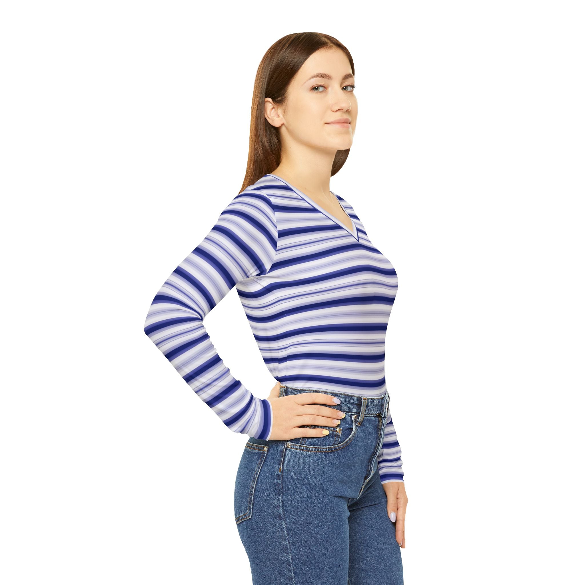 Women's Blue Stripe V-Neck Long Sleeve Shirt