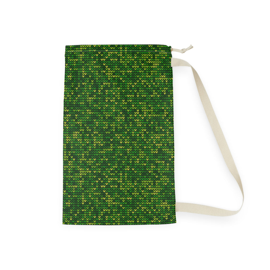 Green Knit Pattern Laundry Bag — Drawstring Travel & Storage Sack