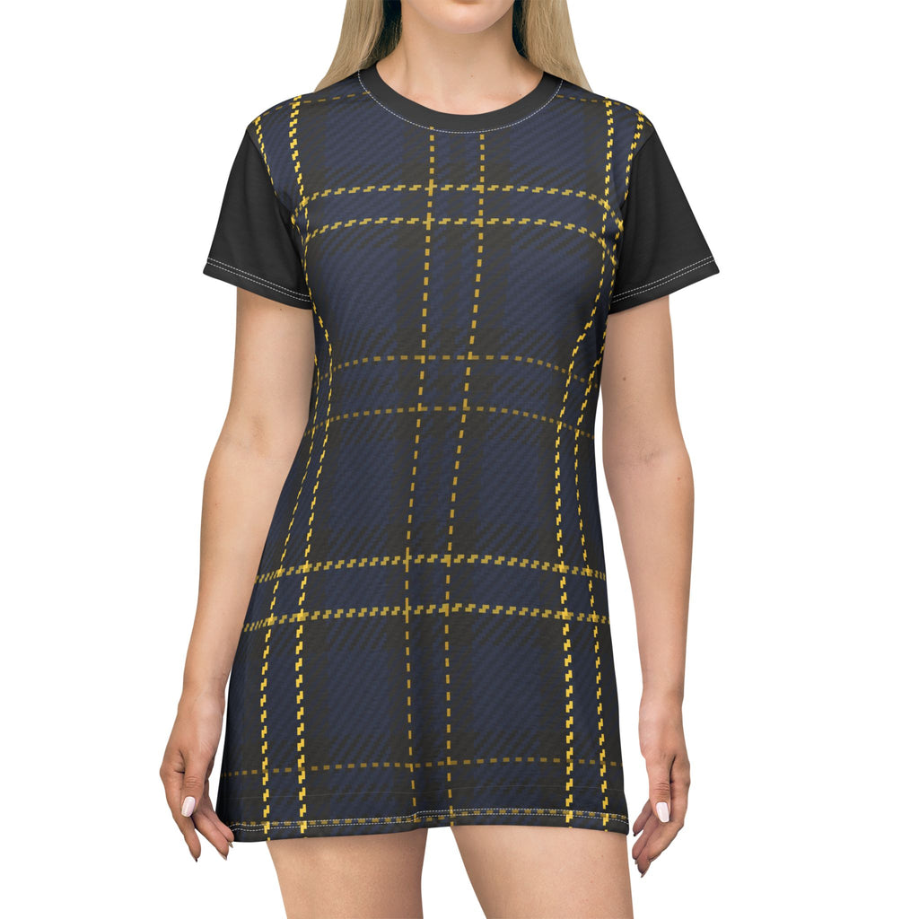 Plaid T‑Shirt Dress — Navy & Yellow Checked