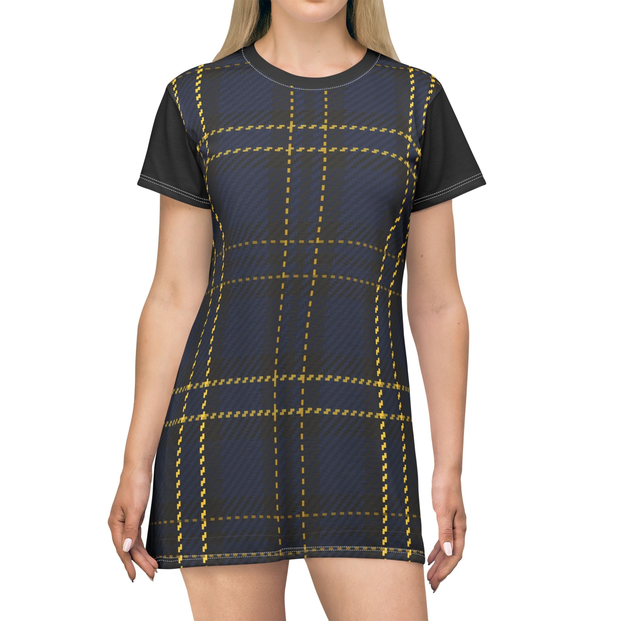 Plaid T‑Shirt Dress — Navy & Yellow Checked