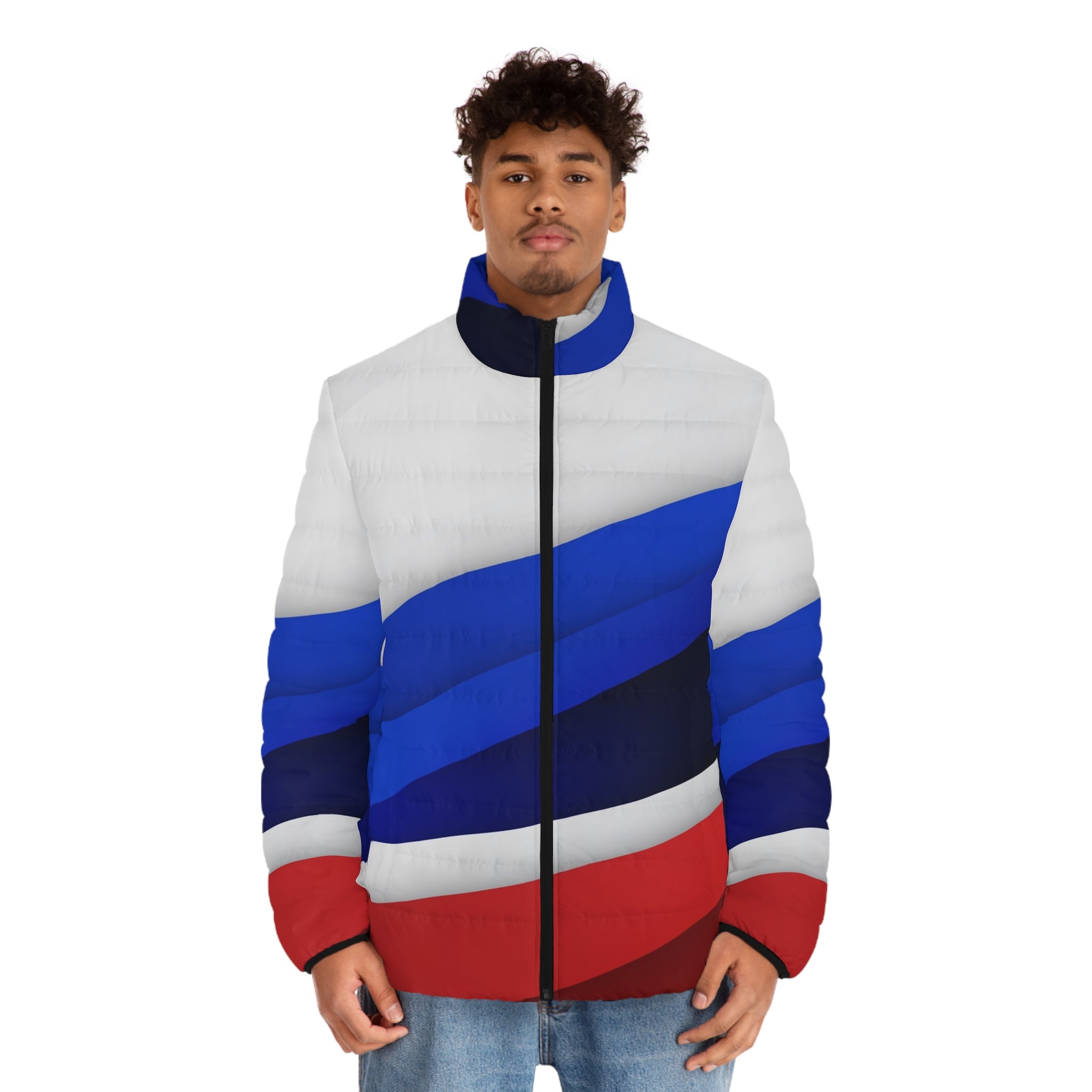 Men's Colorblock Puffer Jacket — Red, White & Blue Diagonal Stripe