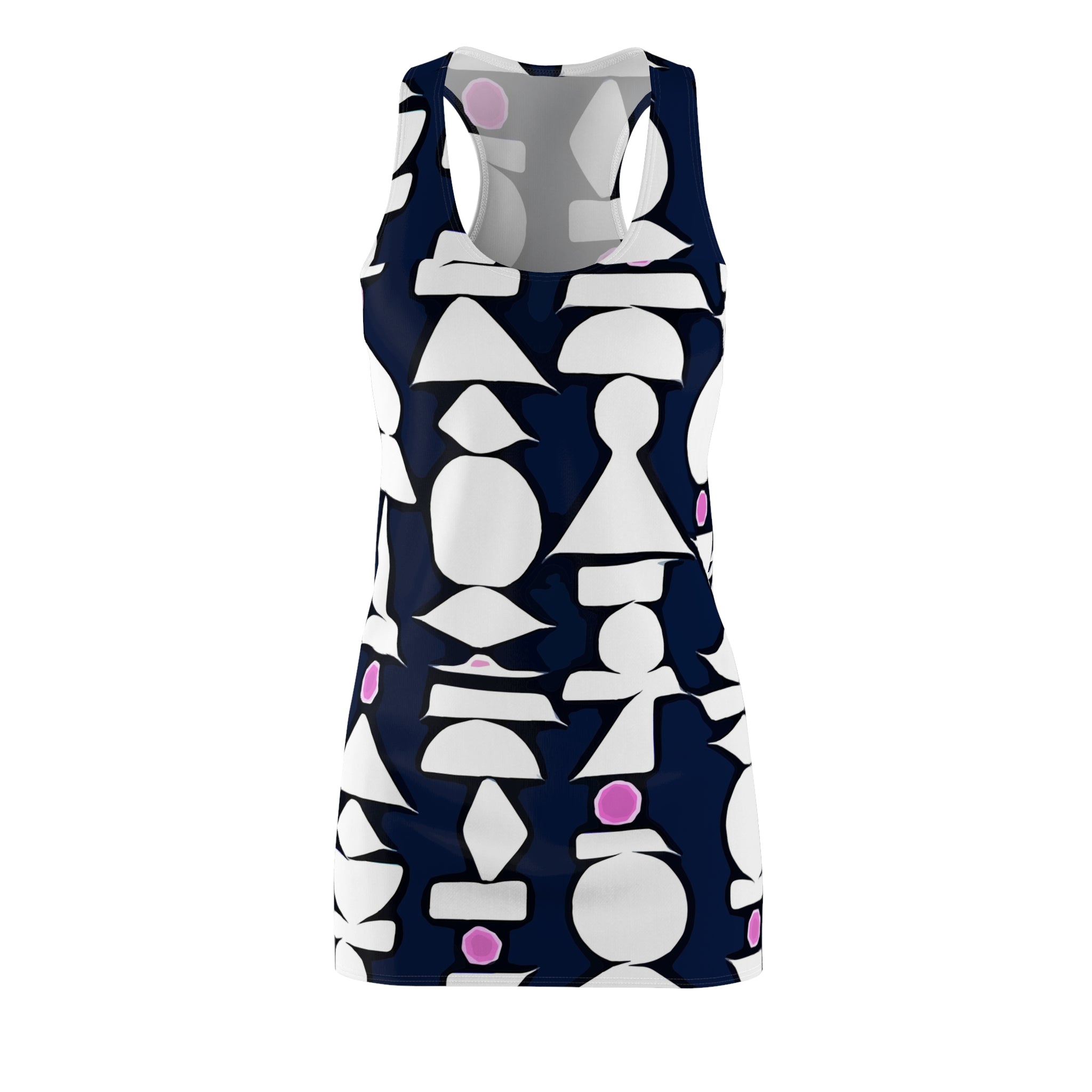 Abstract Geometric Shapes Racerback Dress | Navy White Pink Pattern