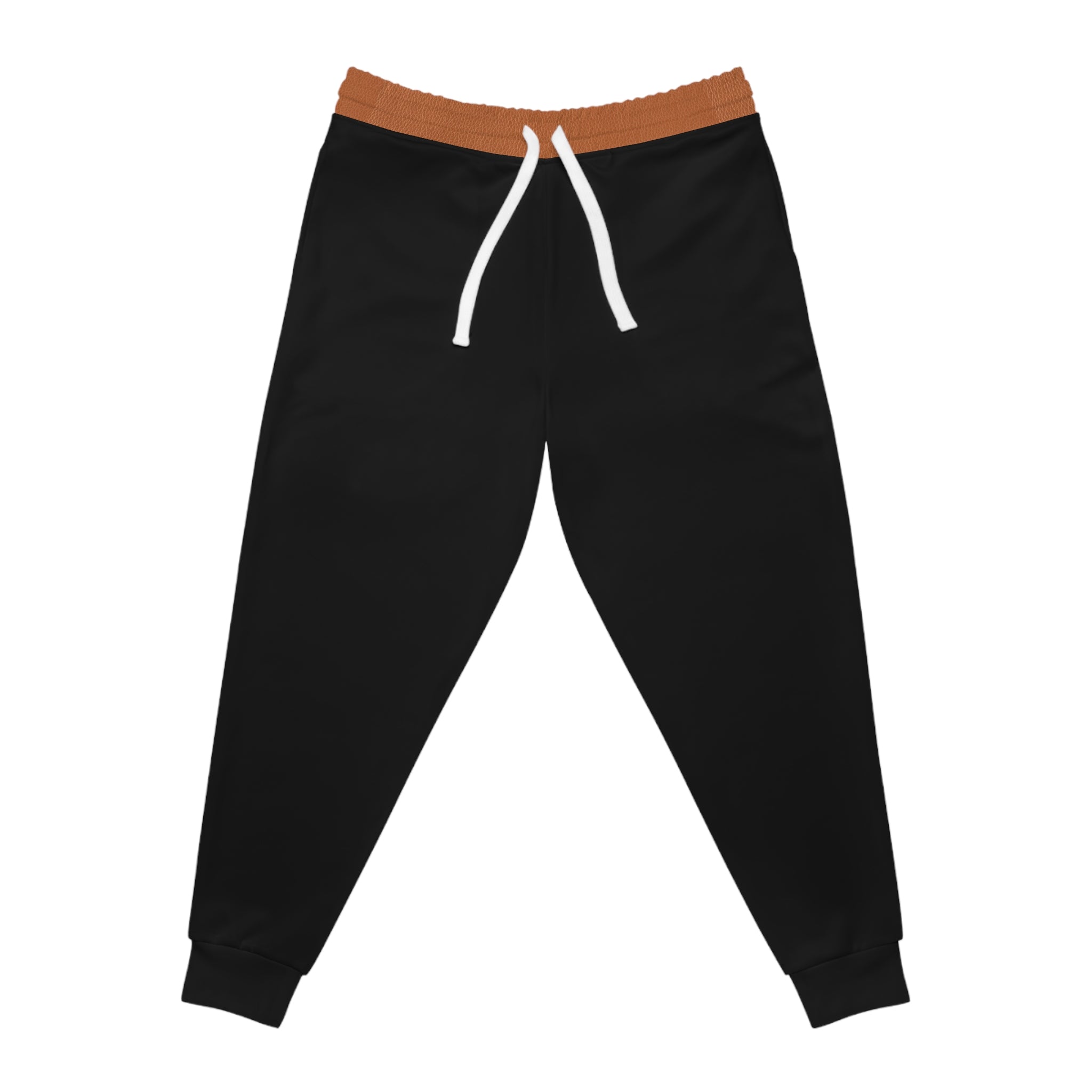 Black jogger sweatpants with a brown elastic waistband, white drawstrings, and ribbed ankle cuffs, shown flat on a white background.