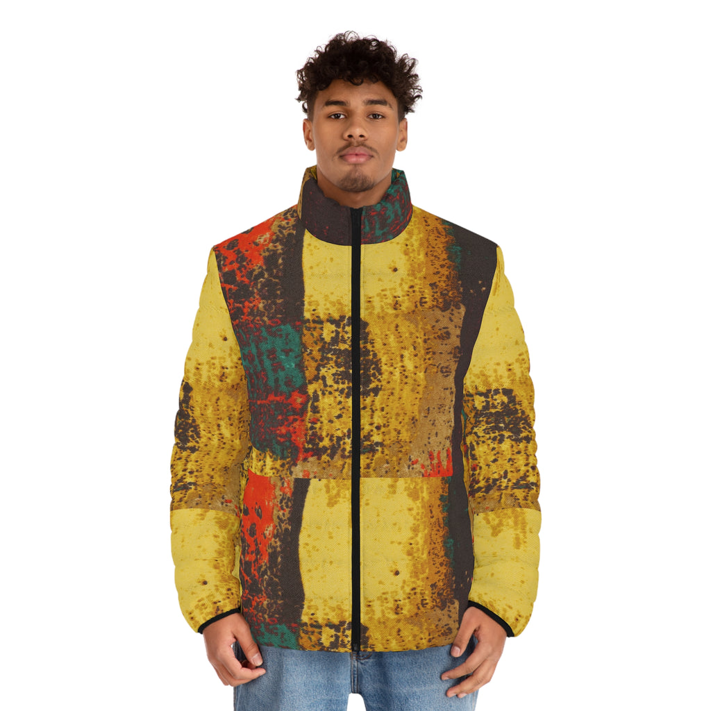 Men's Abstract Patchwork Puffer Jacket — Vintage Rustic Yellow Quilted Coat