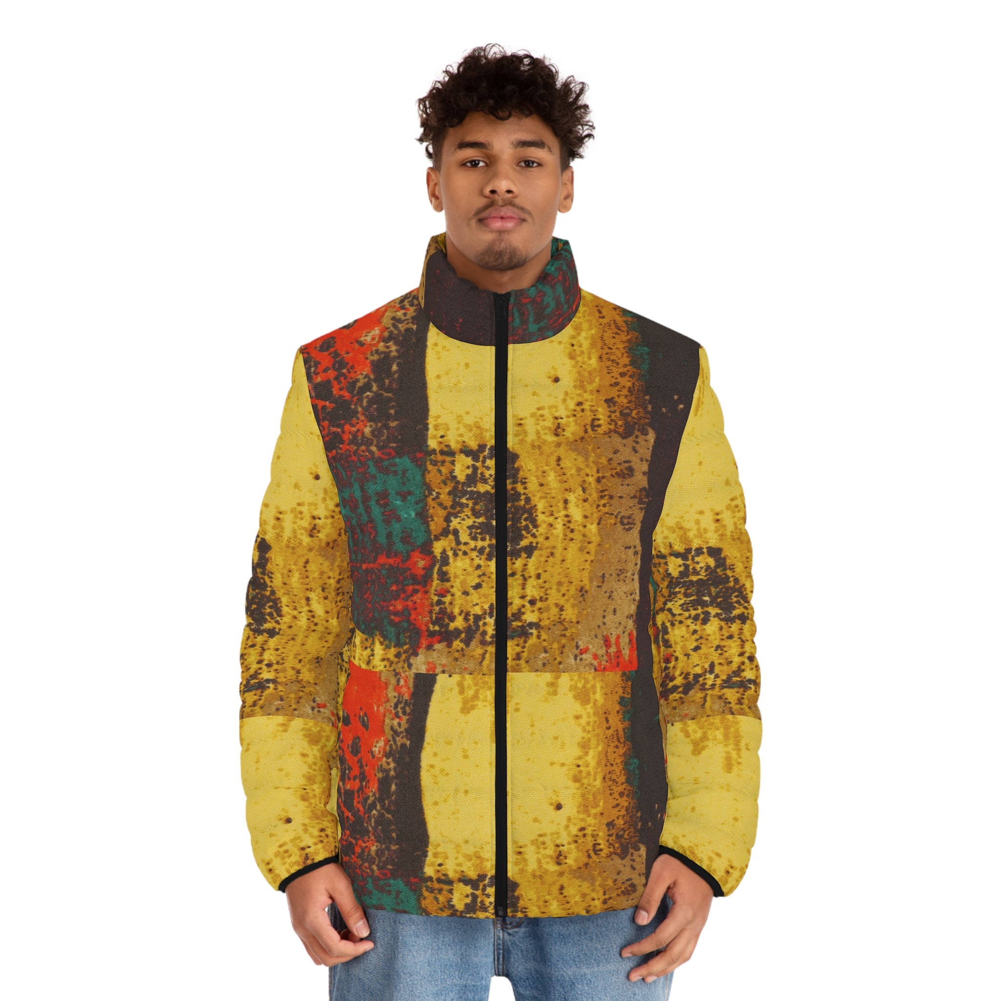Men's Abstract Patchwork Puffer Jacket — Vintage Rustic Yellow Quilted Coat