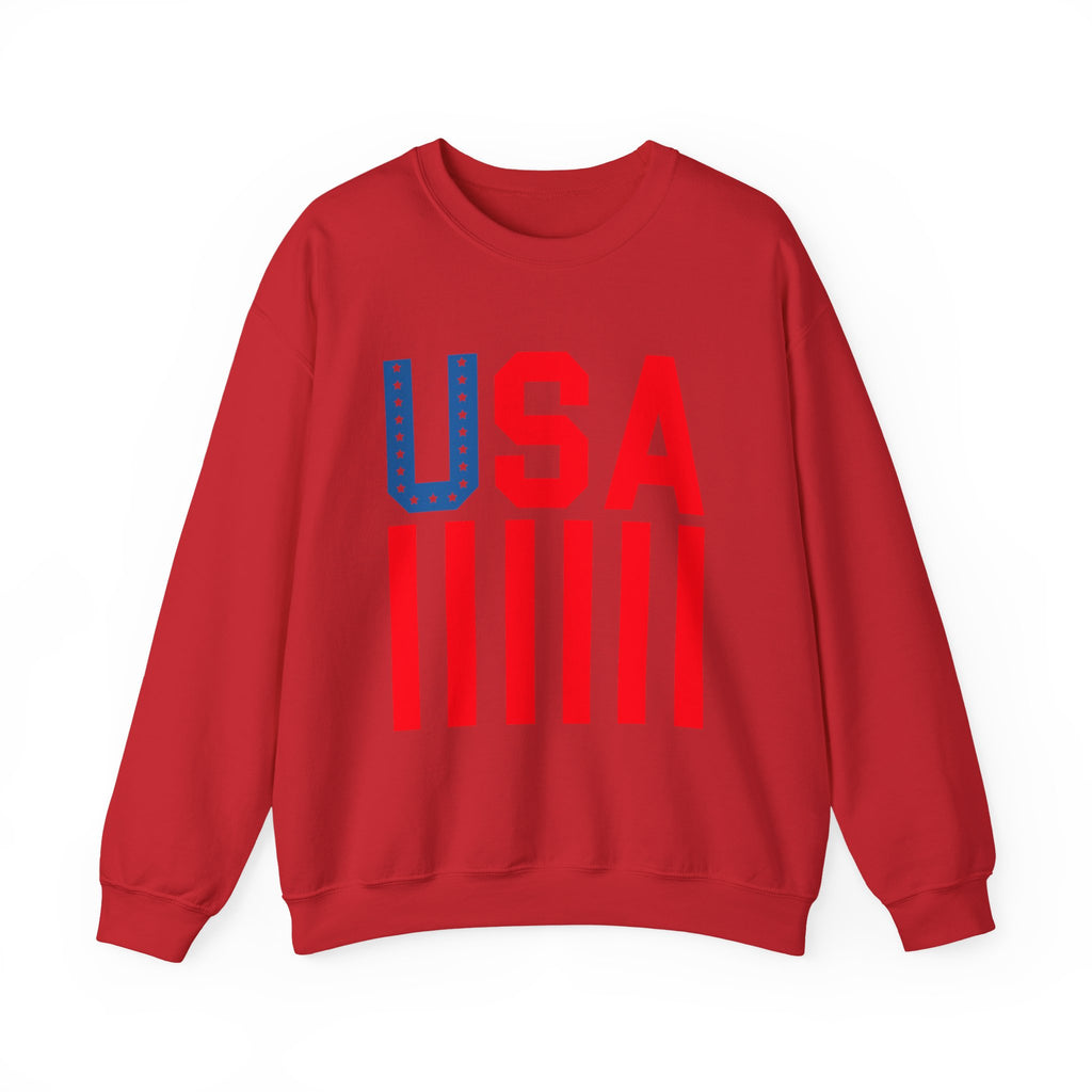 A red crewneck sweatshirt featuring a graphic print on the front that reads 'USA' in blue with white stars and 'IIII' in solid red below it, displayed on a clean white background.