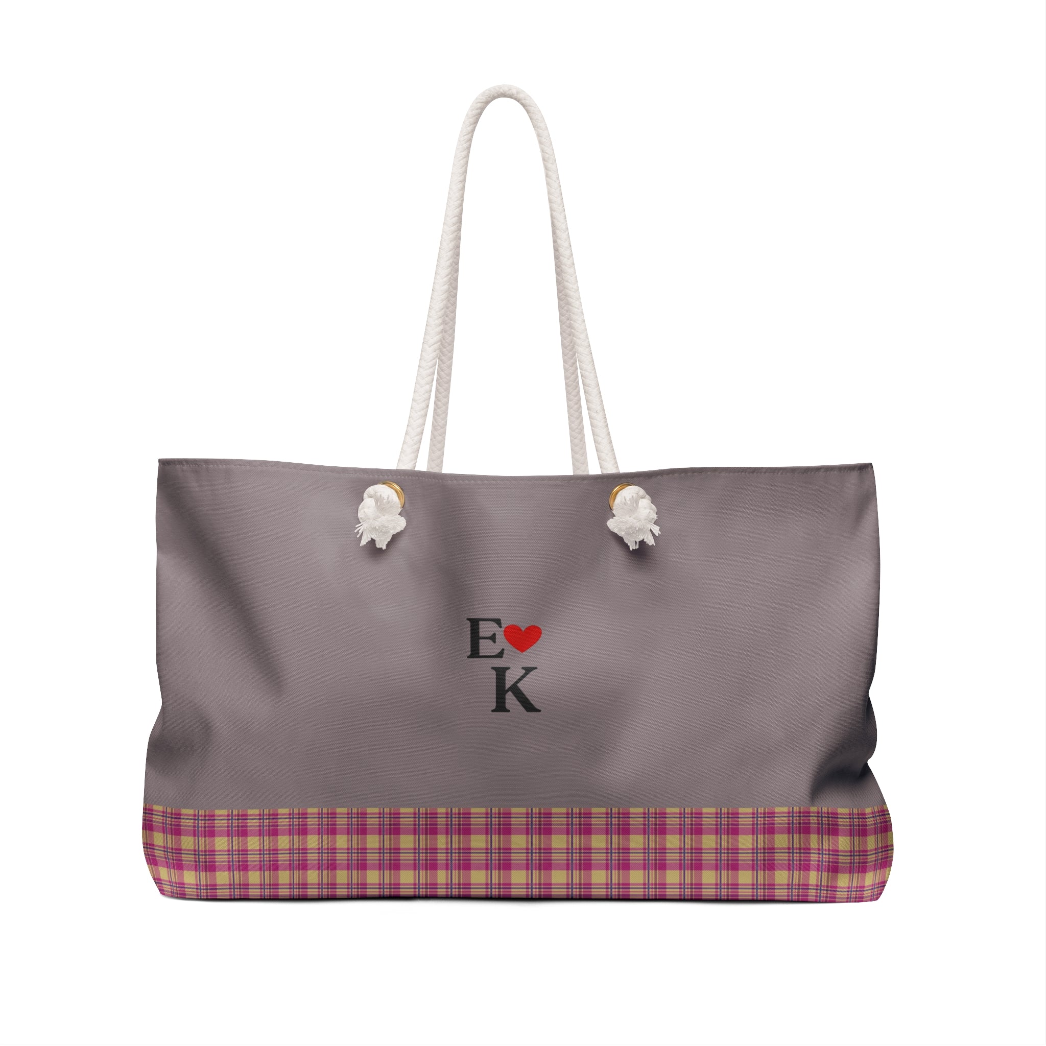 A gray tote bag with white rope handles, featuring a pink and purple plaid bottom border and a central 'E [red heart] K' monogram design, shown on a plain white background.
