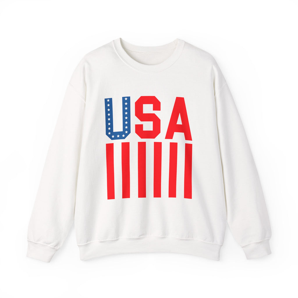 An off-white crewneck sweatshirt featuring a bold 'USA' graphic on the chest, where the letter 'U' is styled as a blue star-spangled flag and 'S' and 'A' are solid red, with five red vertical stripes below.