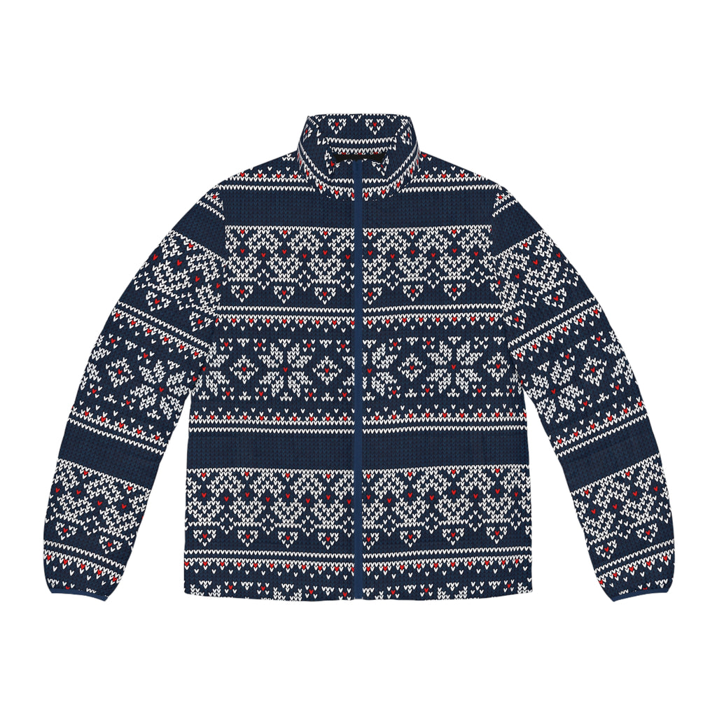 Nordic Fair Isle Pattern Puffer Jacket | Navy All-Over Print
