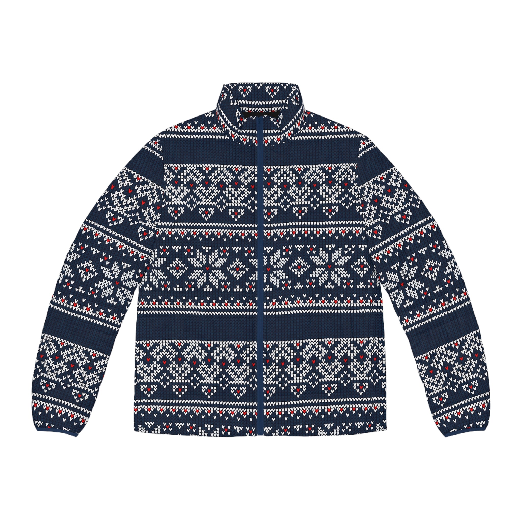 Nordic Fair Isle Pattern Puffer Jacket | Navy All-Over Print