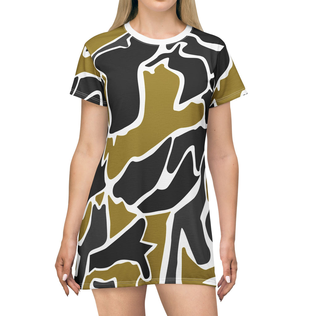 Abstract Camo T-Shirt Dress — Gold & Black