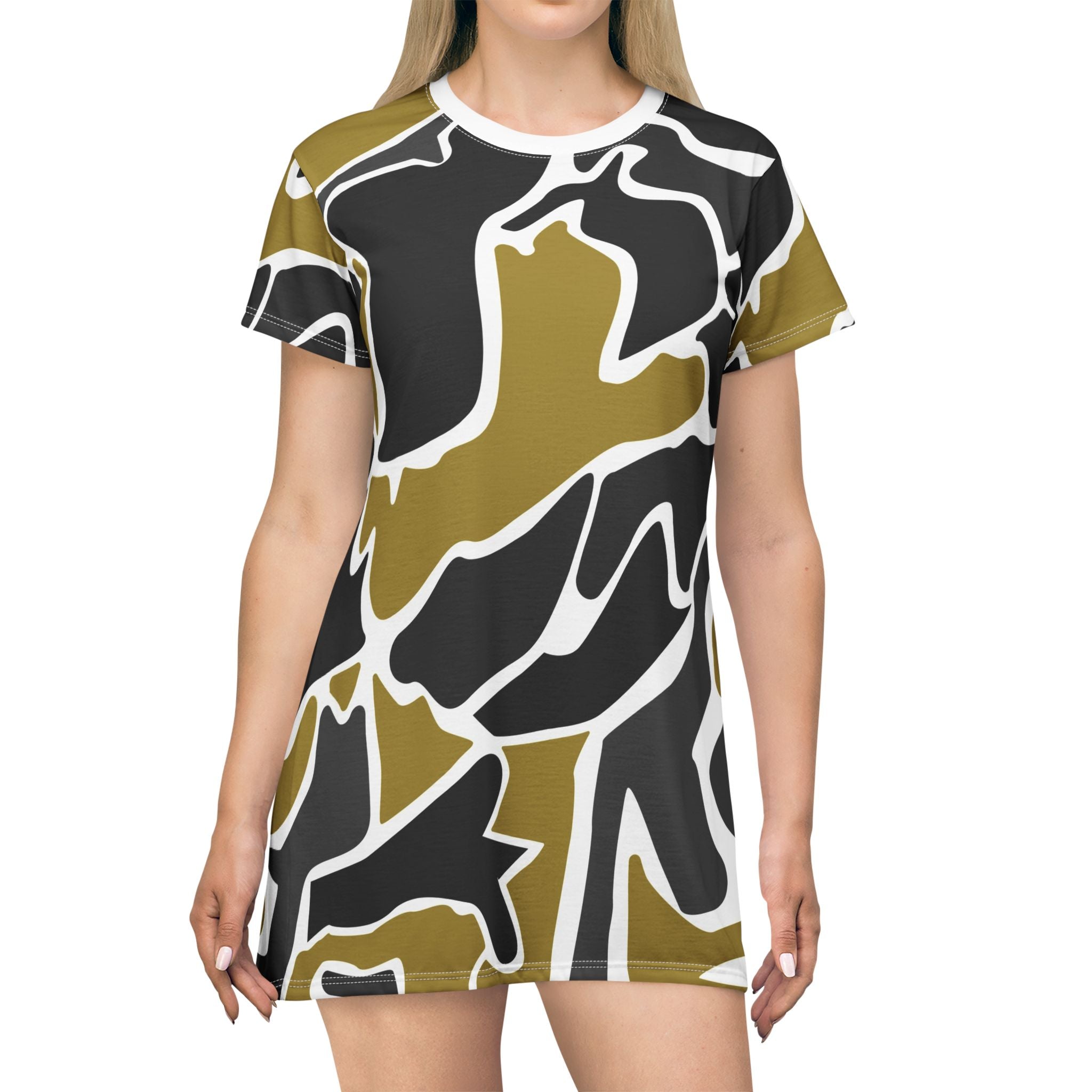 Abstract Camo T-Shirt Dress — Gold & Black