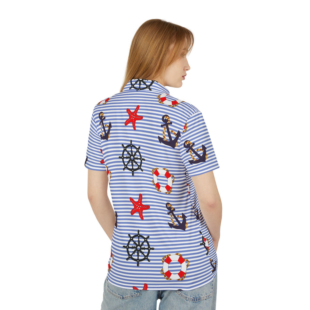 Nautical Stripe Polo Shirt — Anchors, Lifebuoys & Starfish Print