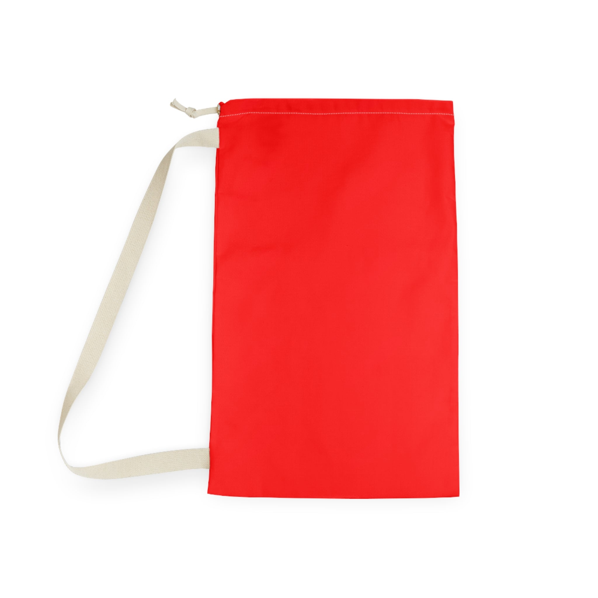 A bright red drawstring pouch with a light beige canvas strap, shown flat on a white background.