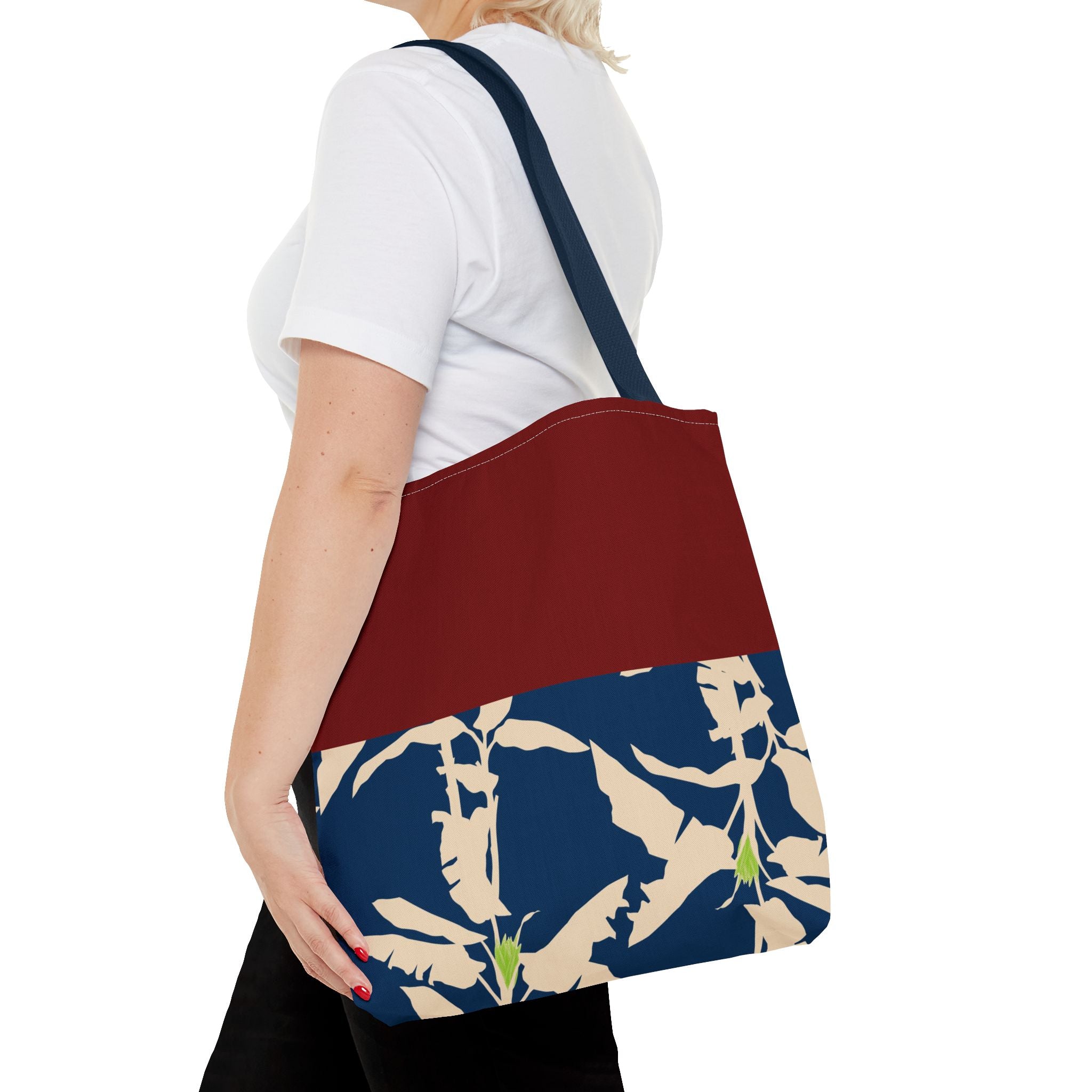 Red Navy Botanical Leaf Pattern Tote Bag
