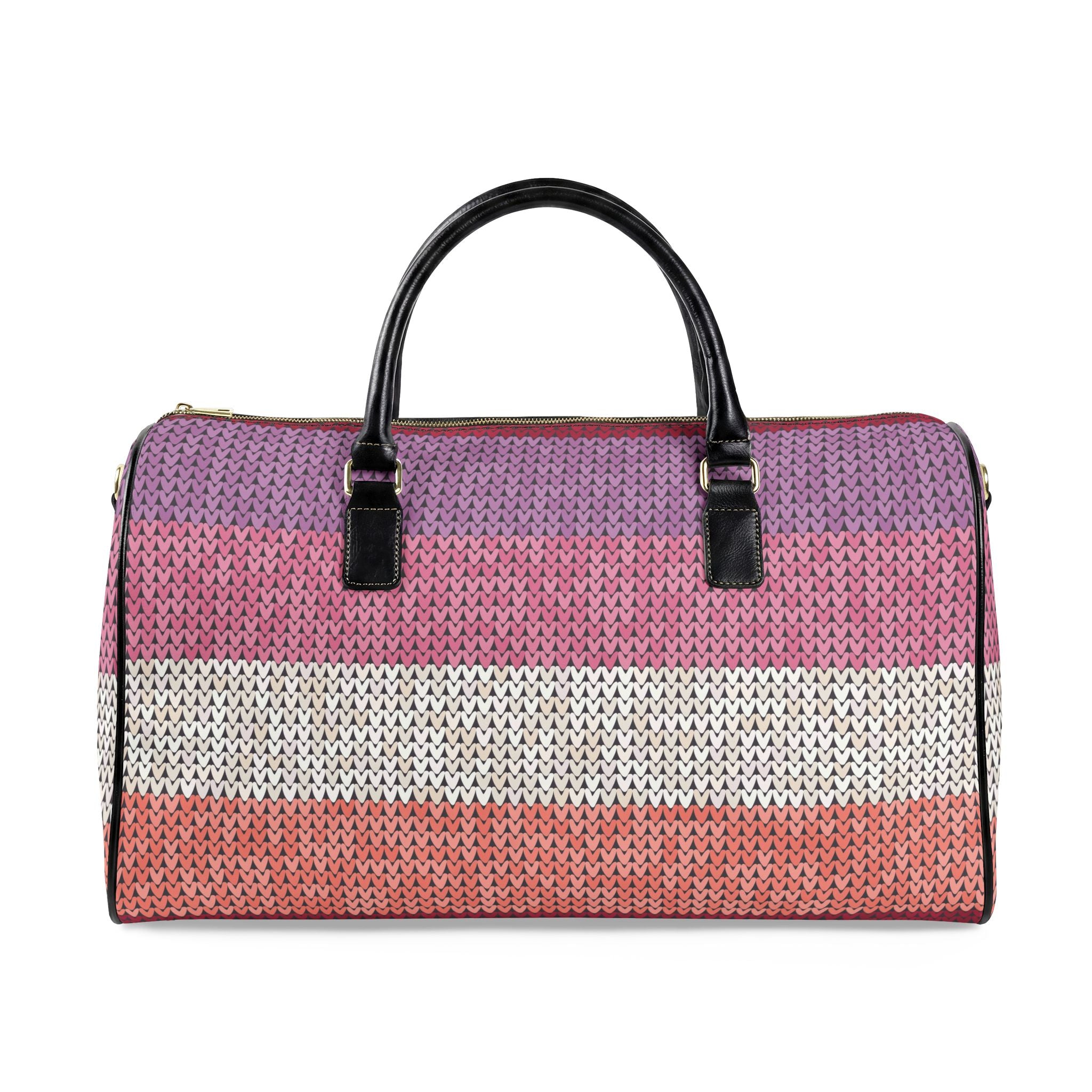 A woven duffle bag with horizontal stripes in purple, pink, white, and coral, featuring black leather top handles and gold-tone hardware, shown against a plain white background.