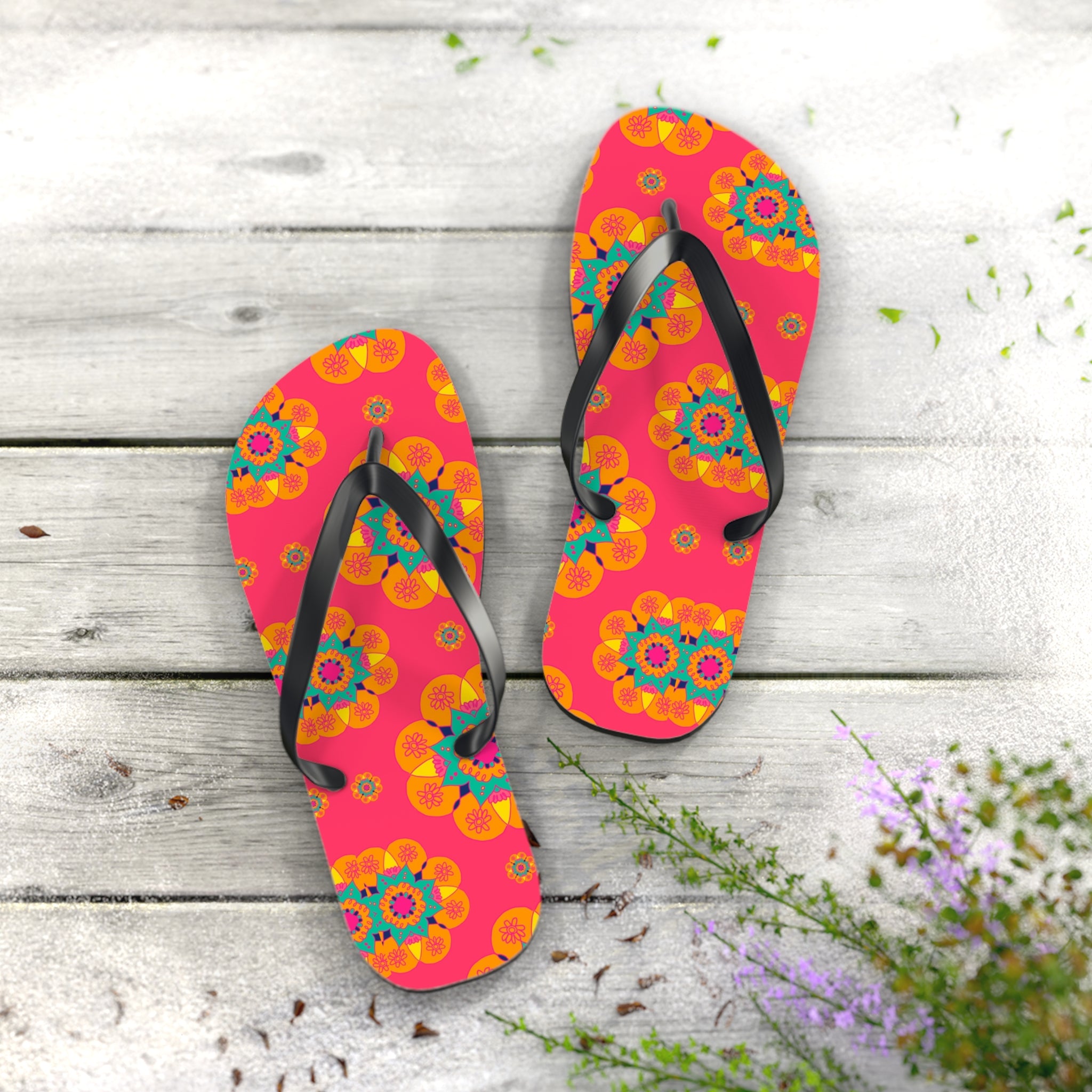 Floral Mandala Flip Flops – Bright Pink Tropical Beach Sandals
